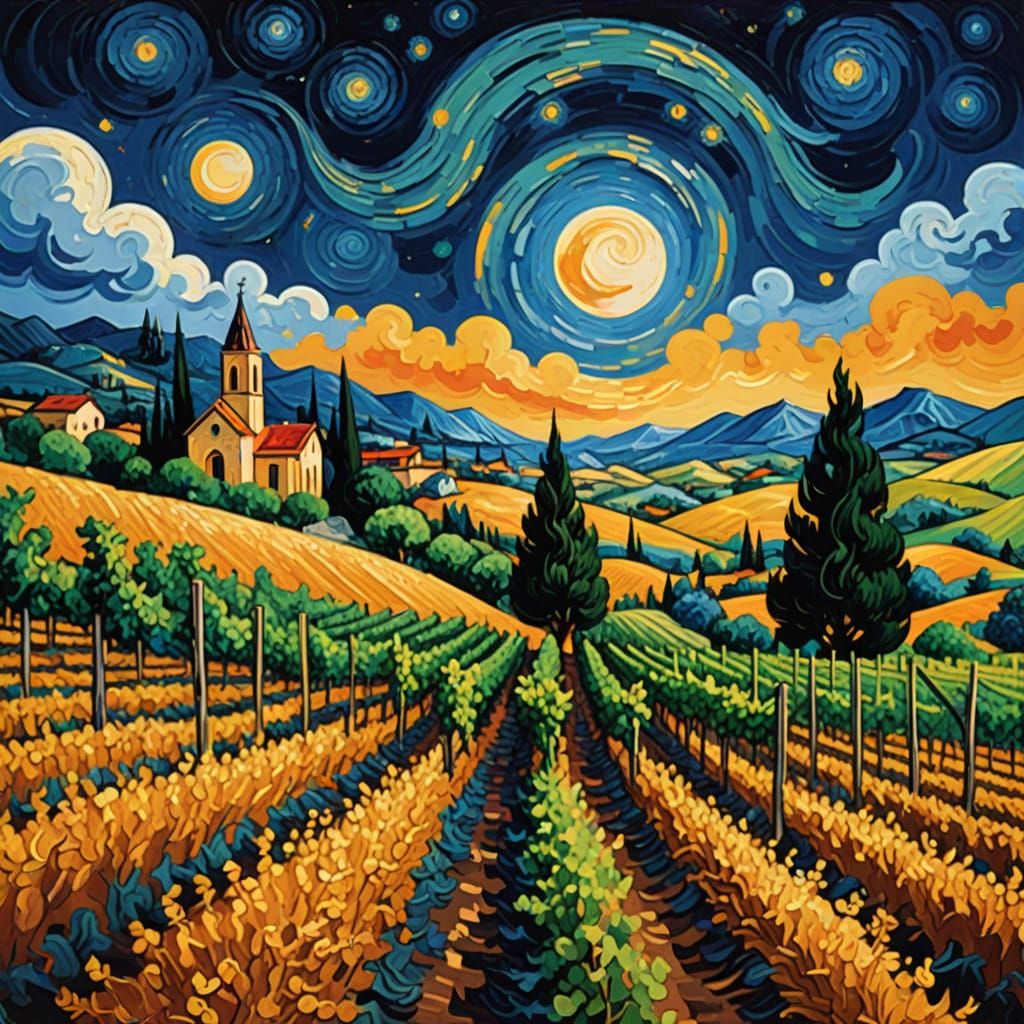 Vibrant Post-Impressionist Landscape with Swirling Grapevine...