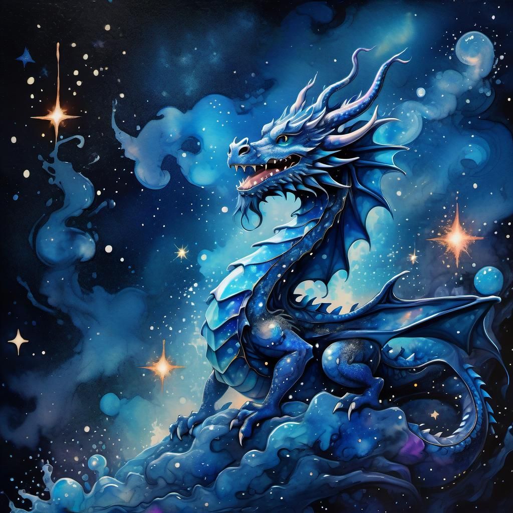 Ethereal Blue Dragon Shimmers in Starry Night Sky