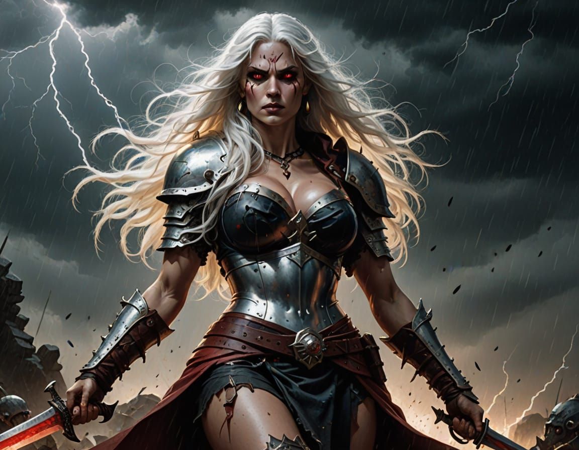 Barbarian Queen Triumphant in Thunderstorm, Dark Fantasy Art
