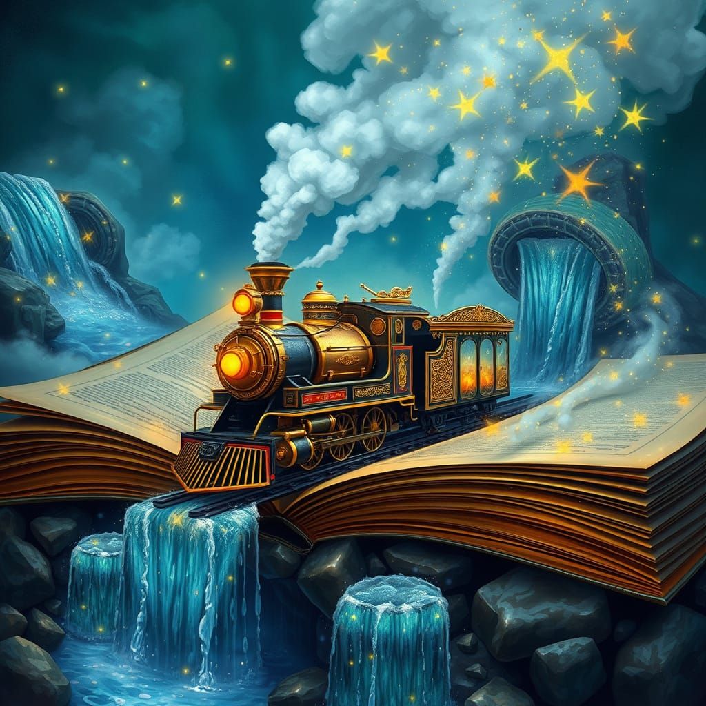 Majestic Steam Train Emerge from Ancient Leather-Bound Book