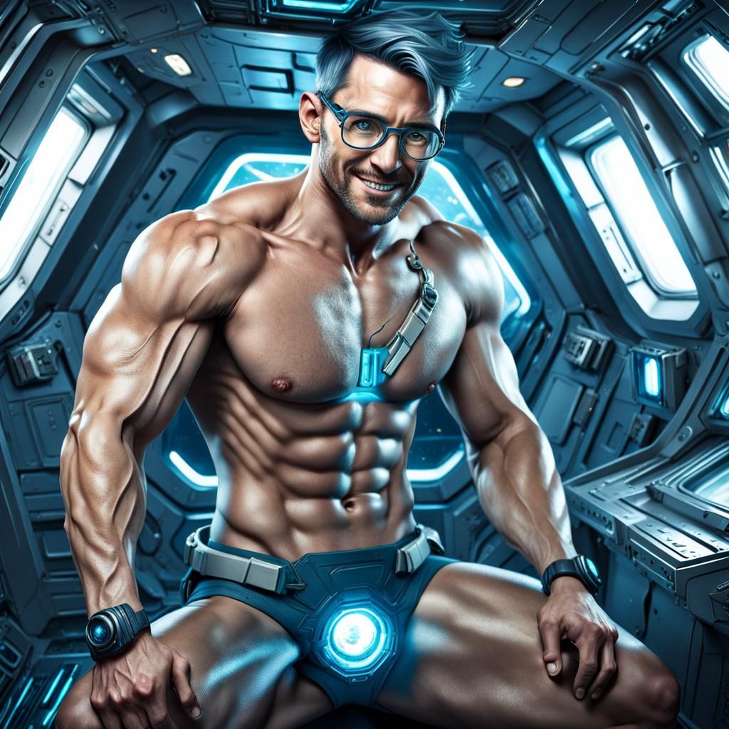 Exhausted Man with Aquamarine Eyes in Spaceship