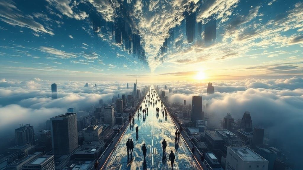 Surreal Cityscape with Inverted Reflections in a Matrix-Insp...