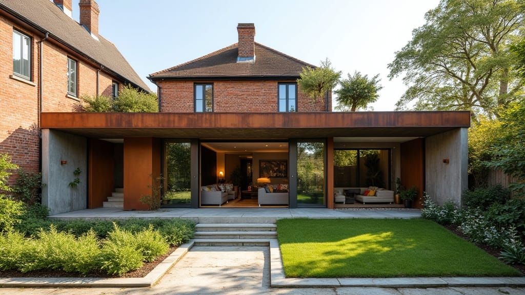 Minimalist Rusty Steel & Glass Extension on Victorian House
