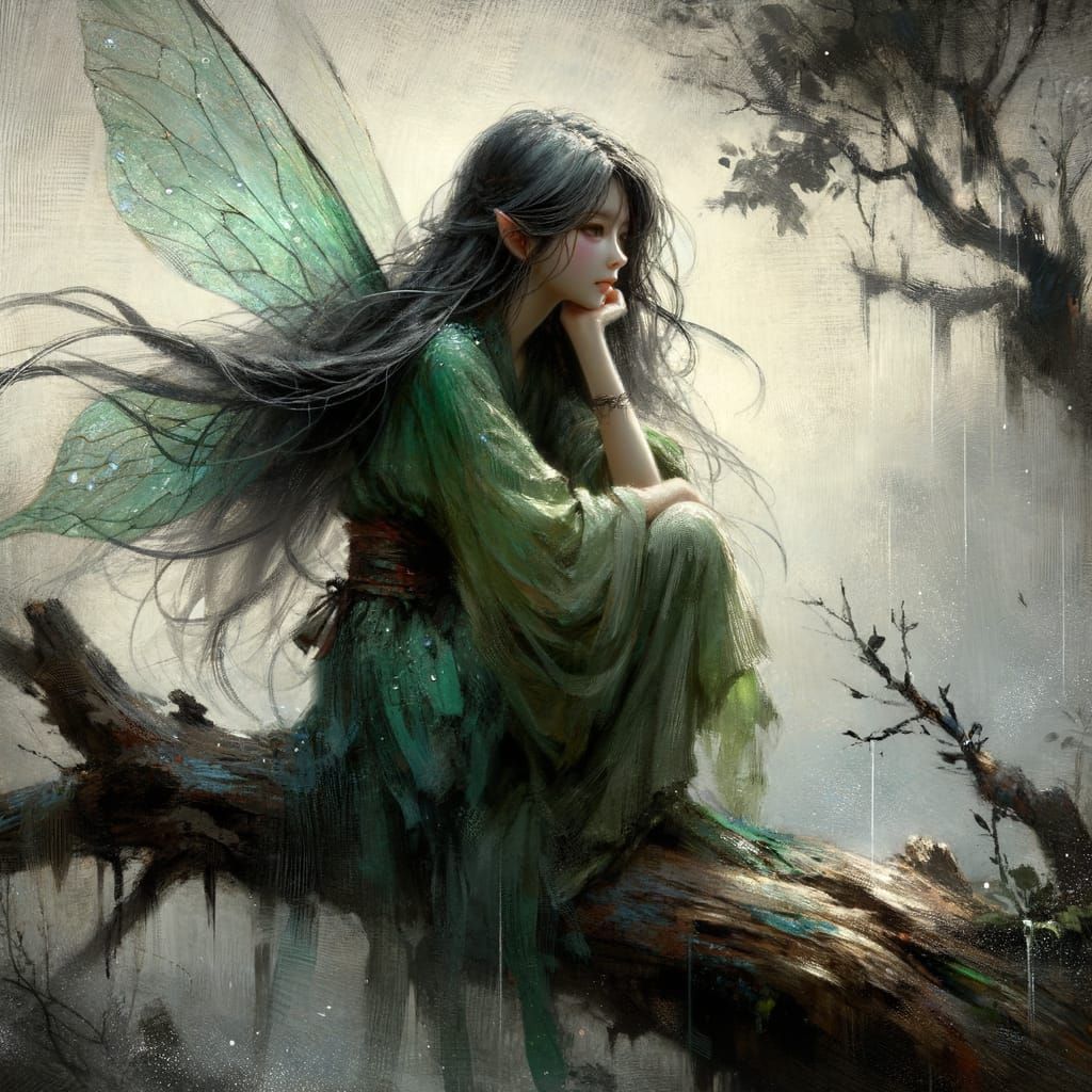 Rustic Fairy in Emerald Green Attire Contemplates in Misty F...