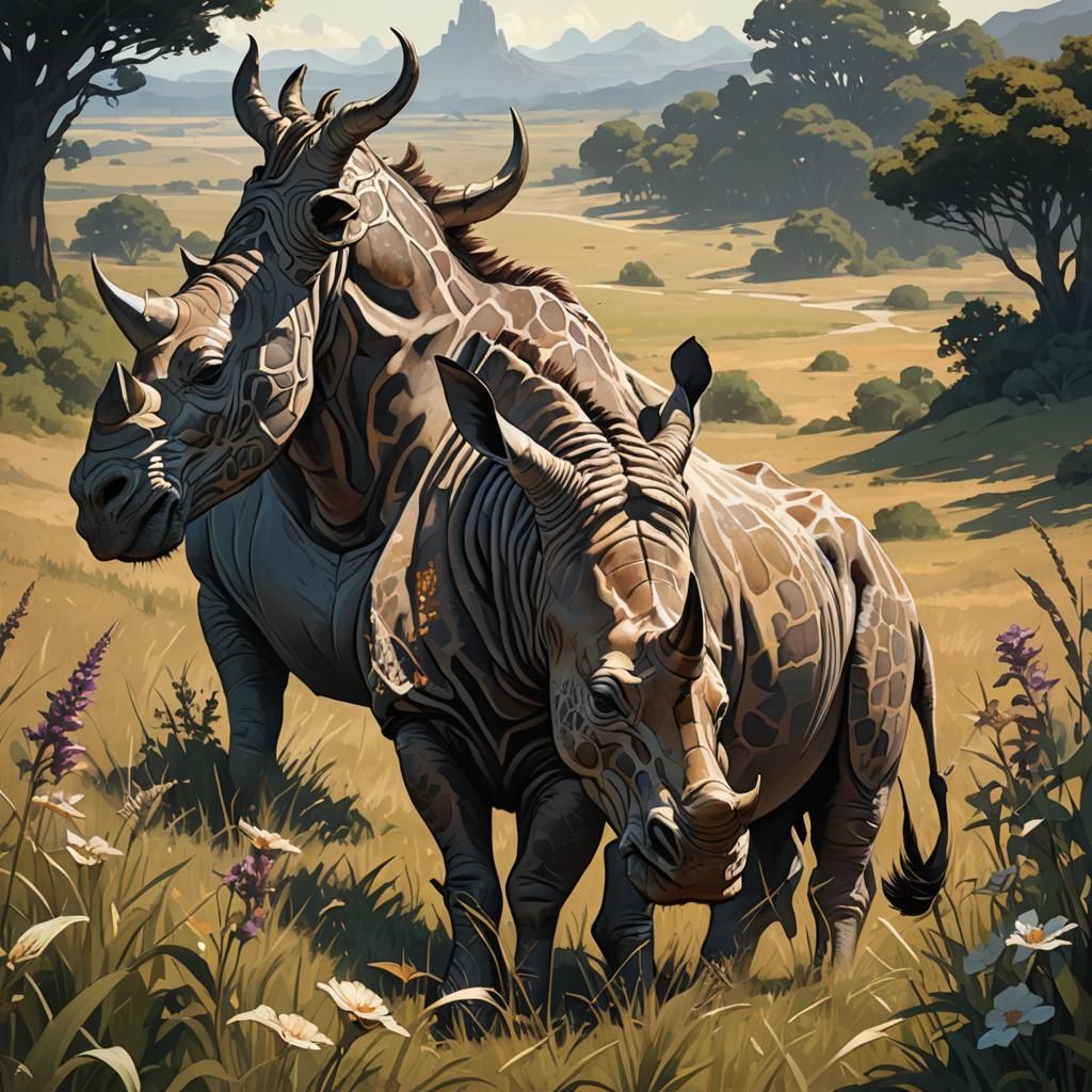 Dark Fantasy Giraffe-Rhino Hybrid in Art Nouveau Style