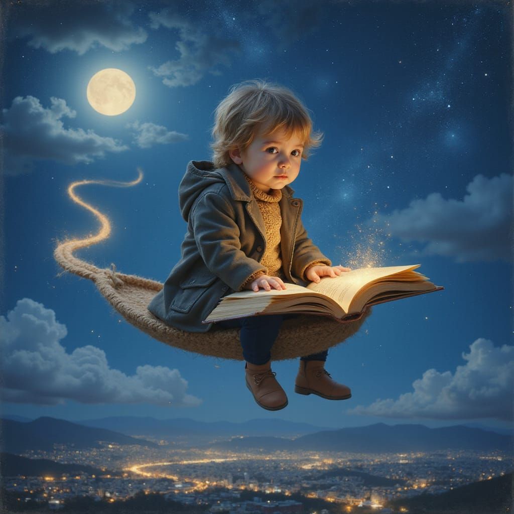 Whimsical Toddler Soars on Magic Carpet Through Starry Night...