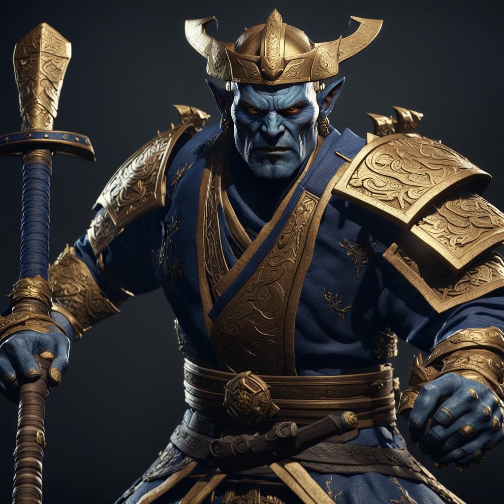 Half-Orc Samurai in 3D Game Cinematic Style