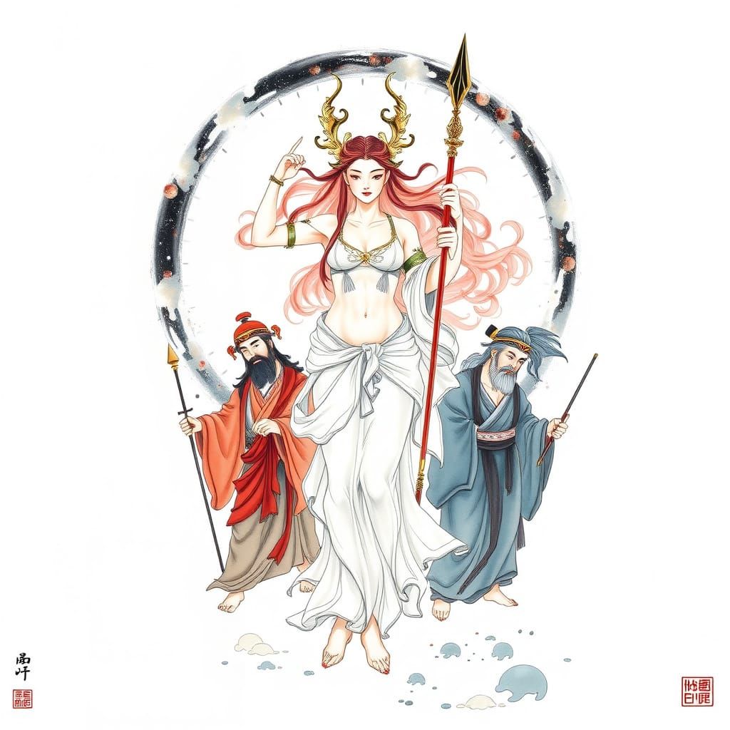 Artemis Among Olympians in Chinese Painting Style
