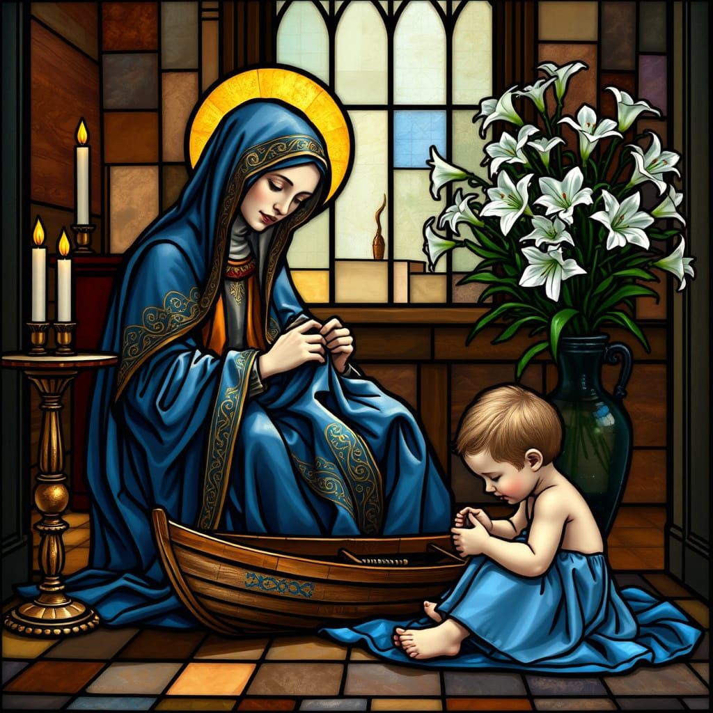 Serene Stained Glass Scene of St Mary Sewing with Child and ...