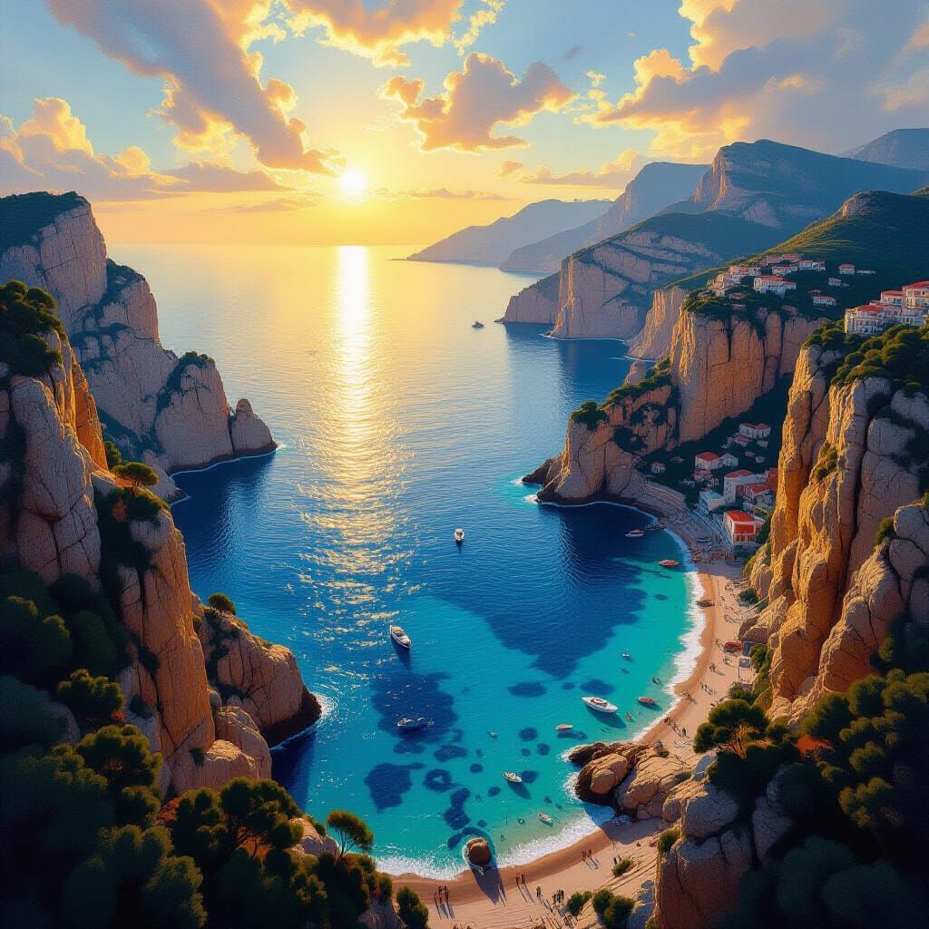 Michelangelo Style Mediterranean Coastline at Golden Hour