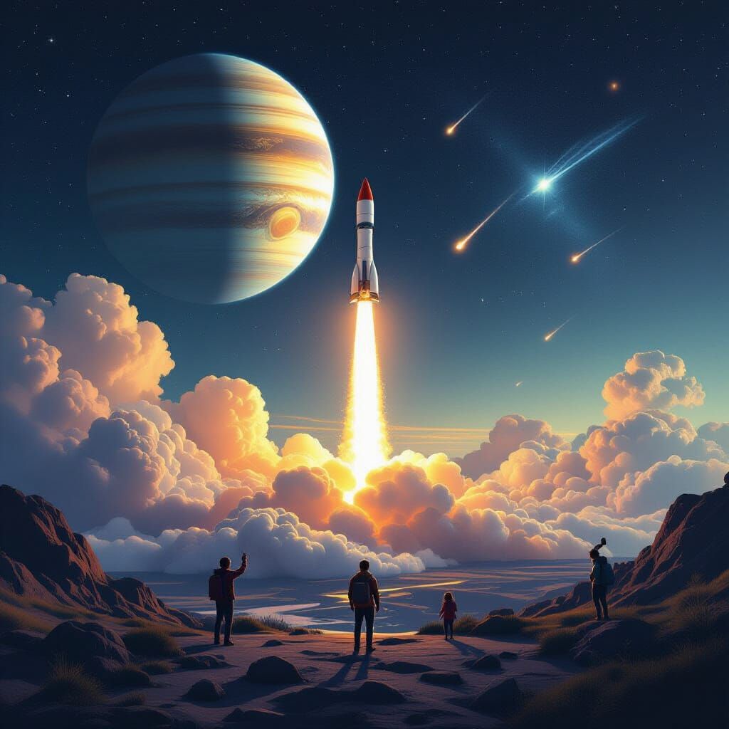 Rocket Launches to Saturn with Shooting Stars