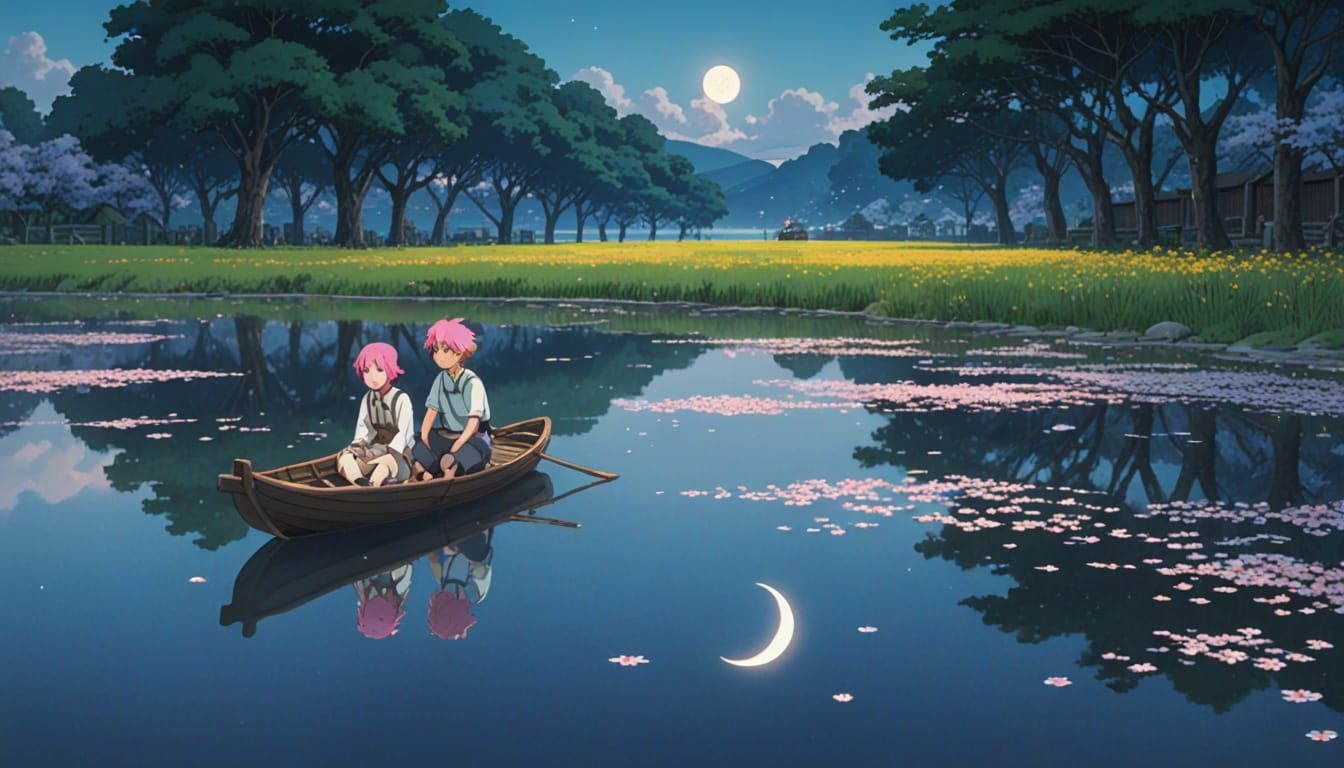 Anime Girl Portrait with Cherry Blossoms and Crescent Moon