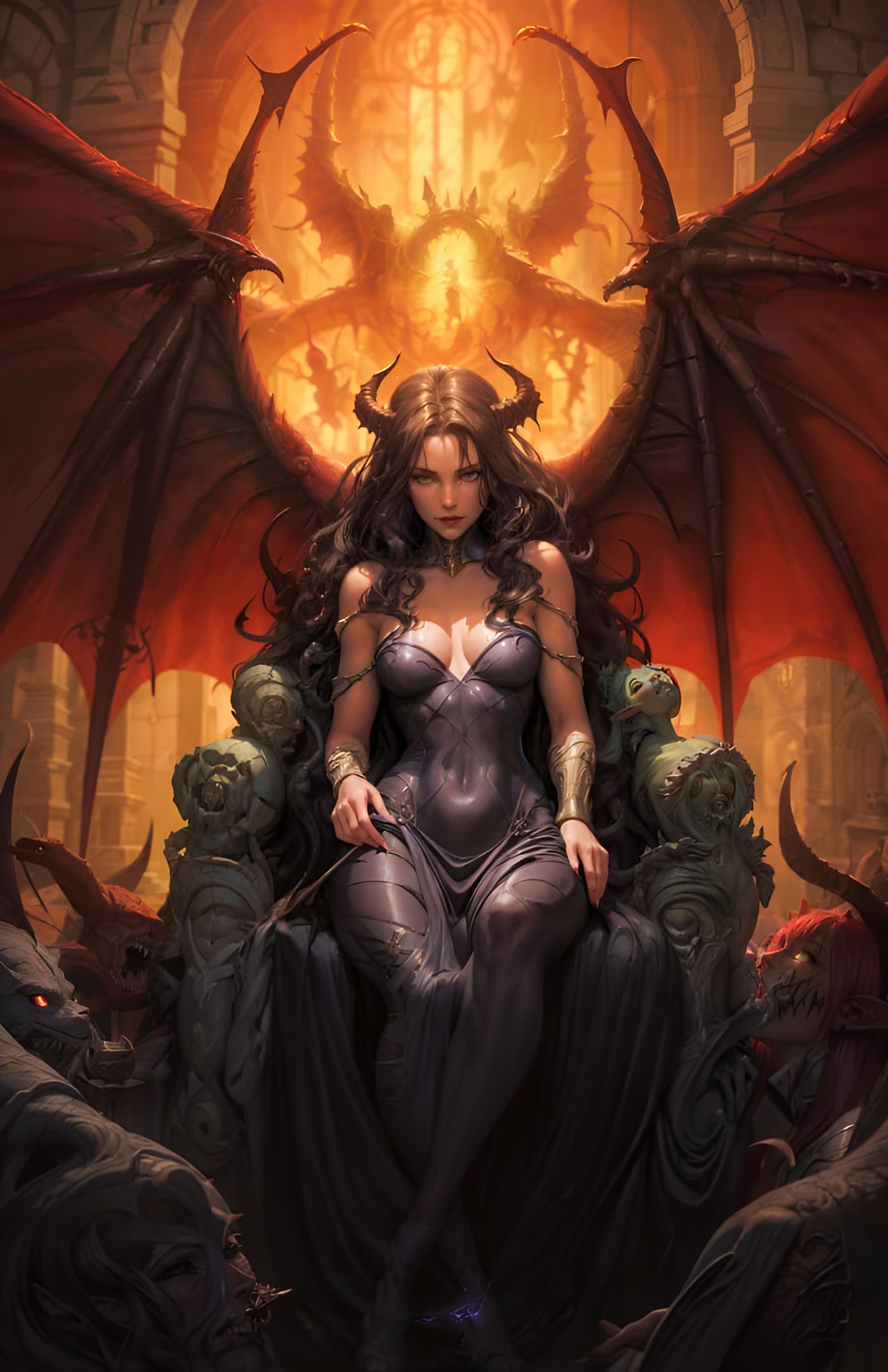 Winged Woman on Demon Throne in Dragon Art Style