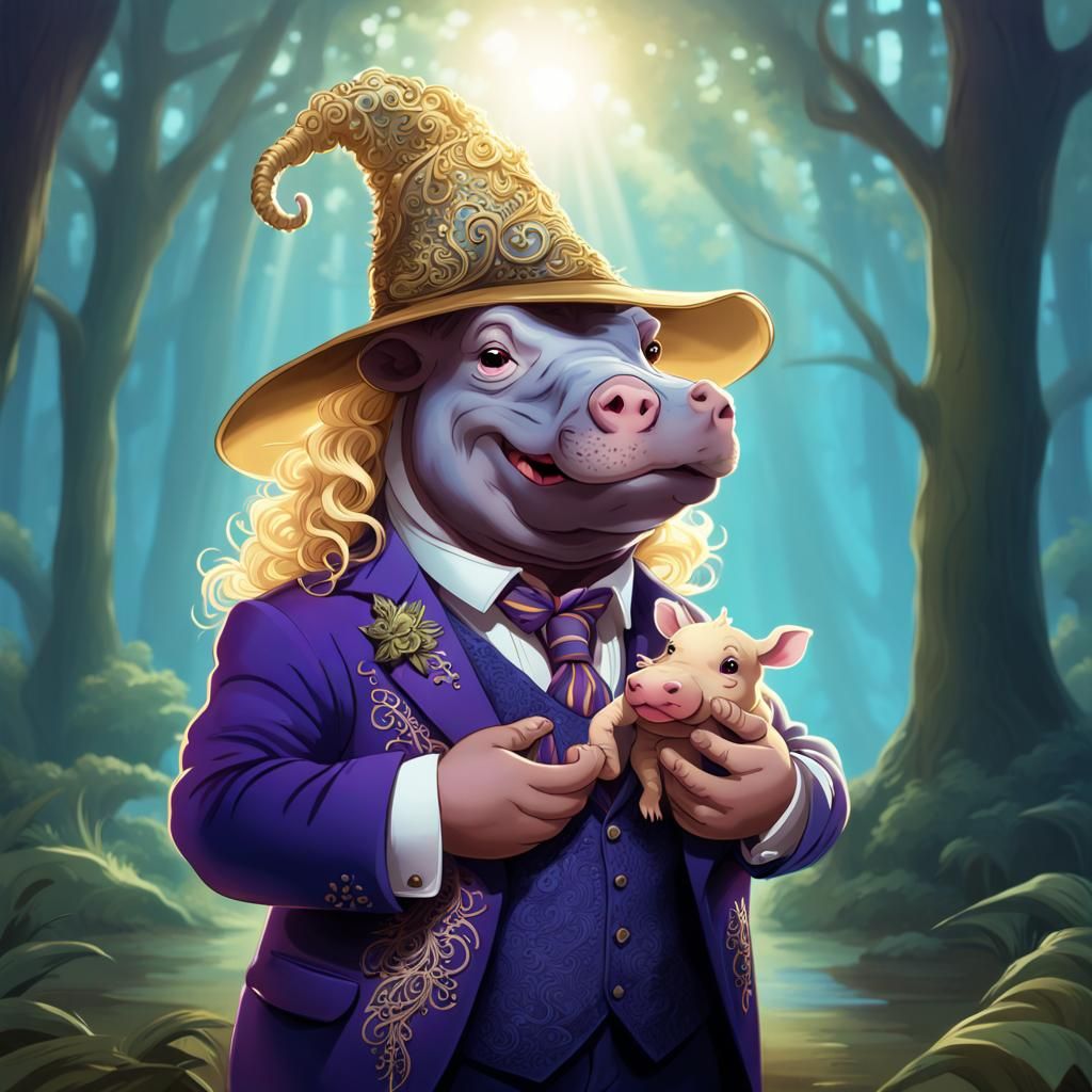 Man with Hippo Pet in Sunlit Forest, Art Nouveau