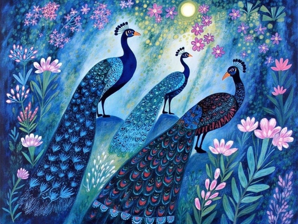 Oriental Garden with Peacocks in Soft Evening Light