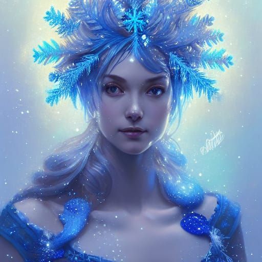 Blue Christmas Goddess Portrait in Hyperdetailed Style