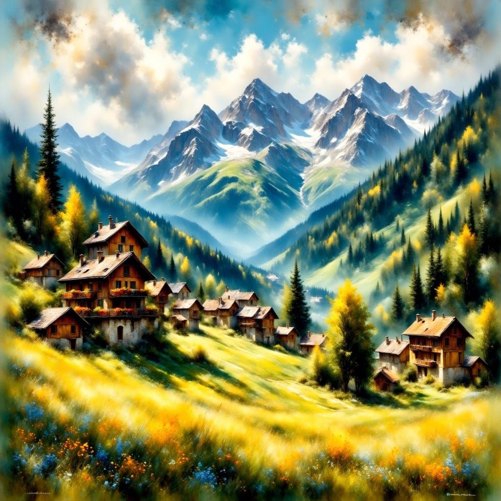 Swiss Village in Alps under Golden Hour Light