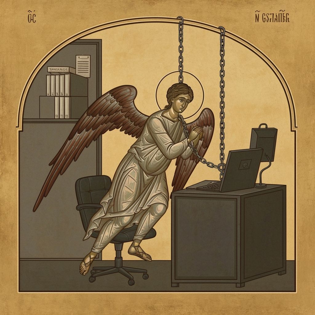 Fallen Angel Trapped in Office Job Byzantine Art