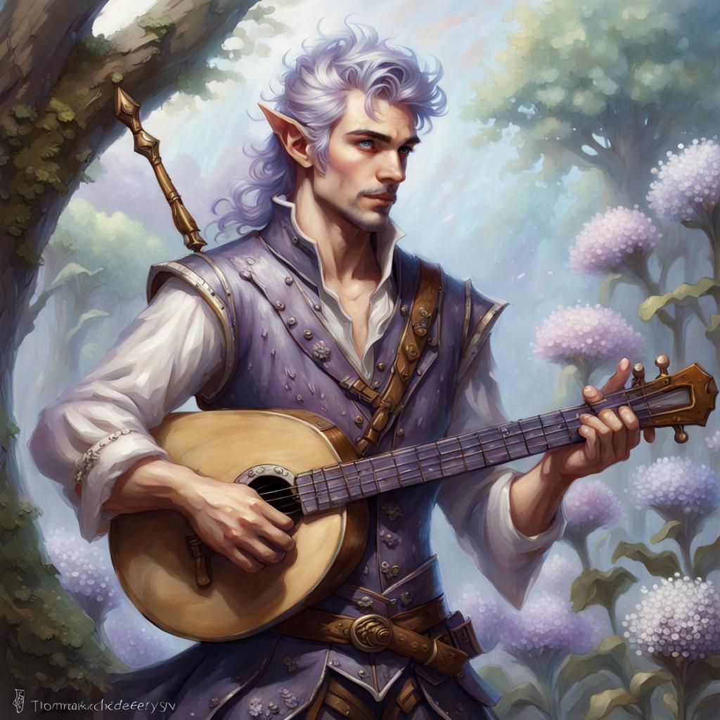 Wood Elf Bard with Violet Hair in Ethereal Fantasy Style