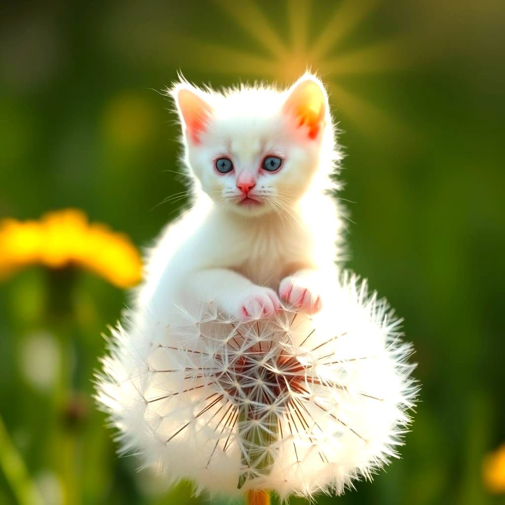 White Kitten on Dandelion Globe in Soft Light