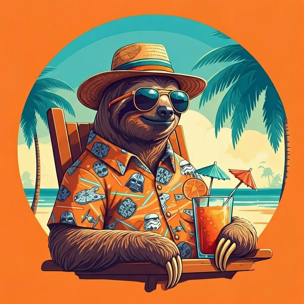Sloth in Hawaiian Shirt Enjoys Beach Drink in Pop Art Style