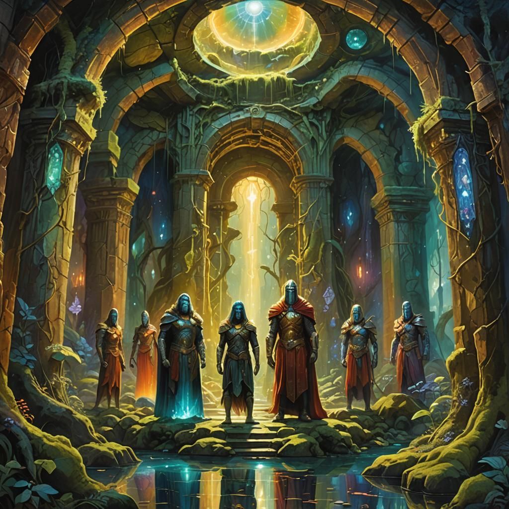 Mystical Guardians of Agartha: Vibrant Oil Painting