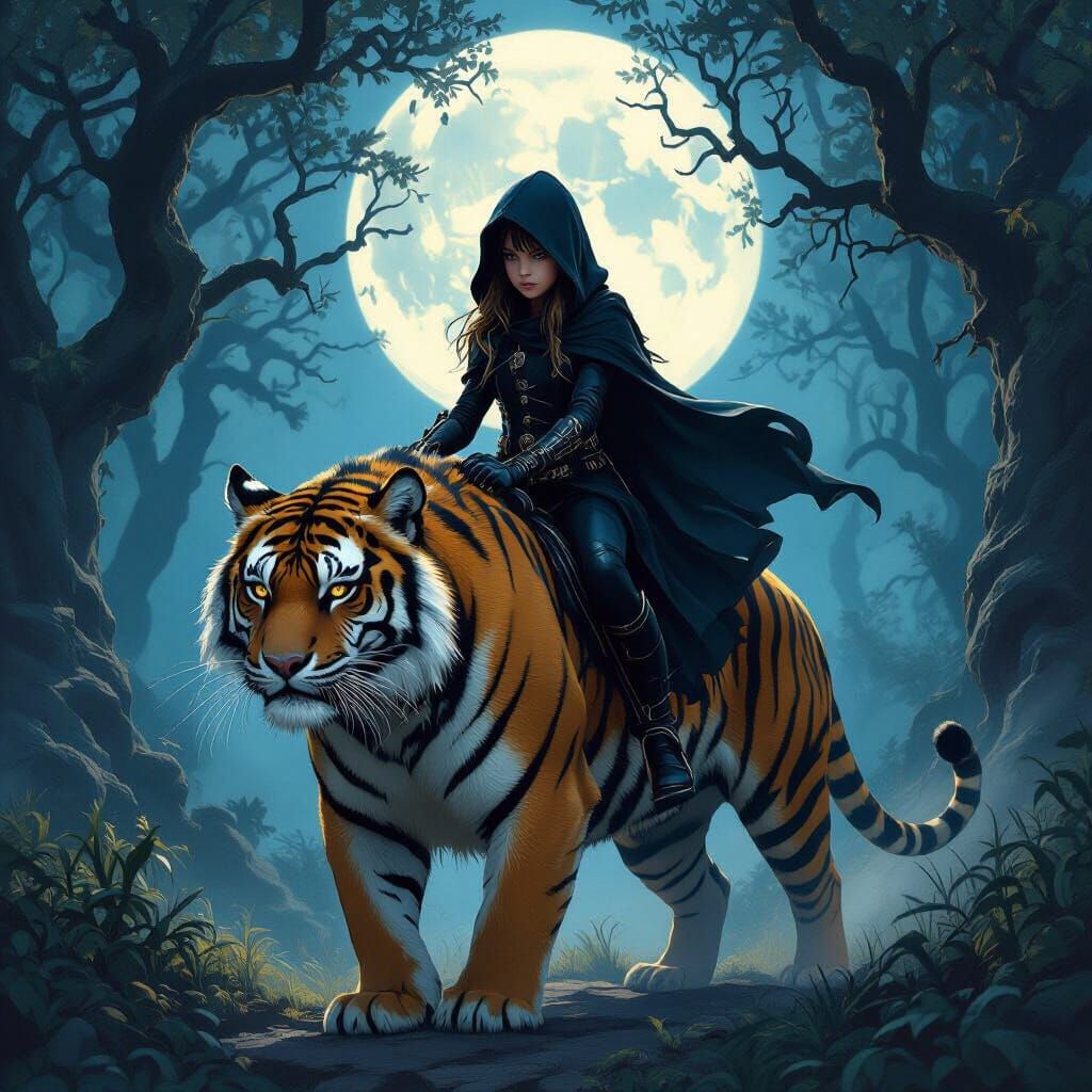 Girl in Black Rides Tiger in Moonlit Forest