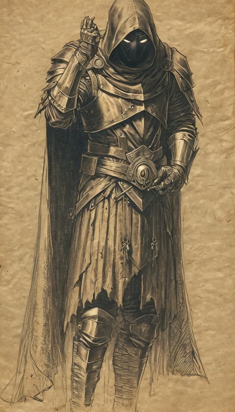 Armored Cloaked Figure with Glowing Visor