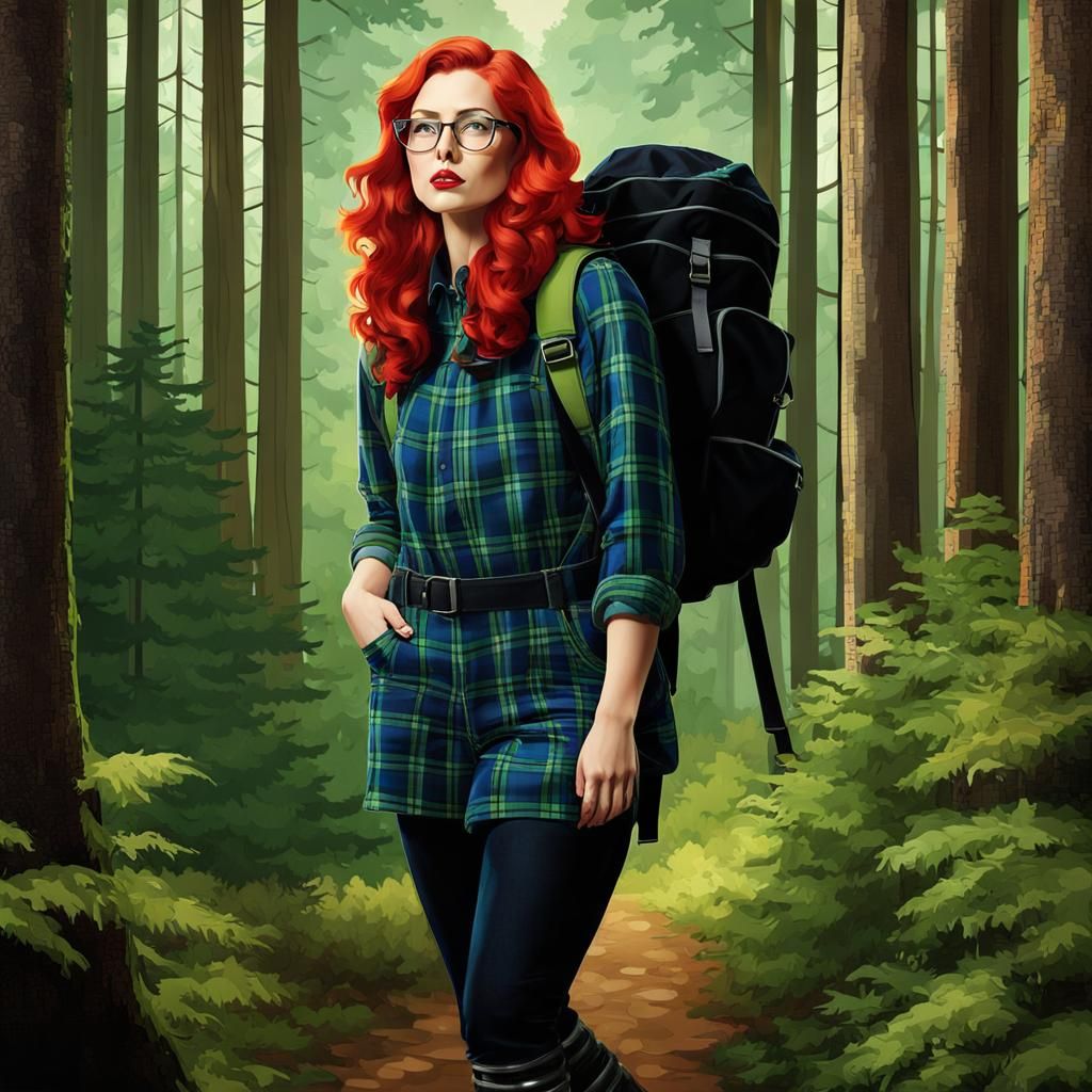 Art Deco Woman Hiking in Forest with Backpack