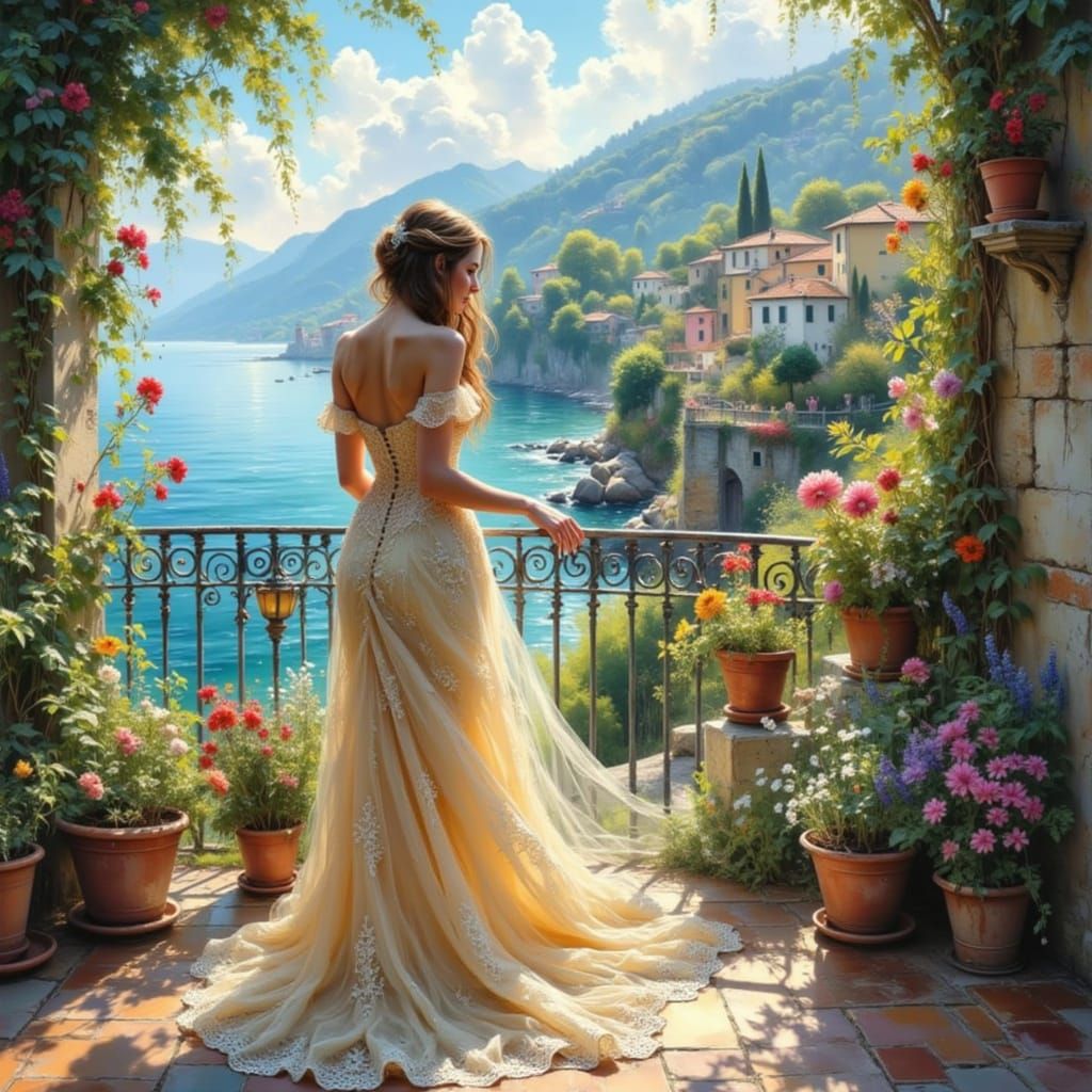 Woman Gazes at Tranquil Italian Coastline Painting