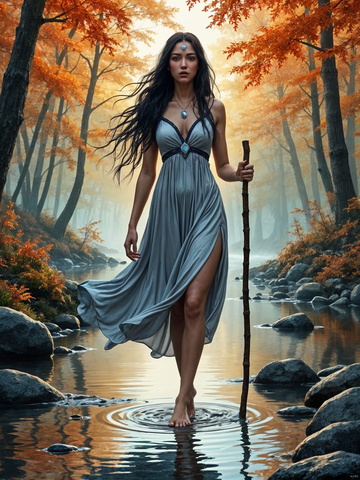 Norse Goddess Vör in Autumn Landscape, Oil Painting