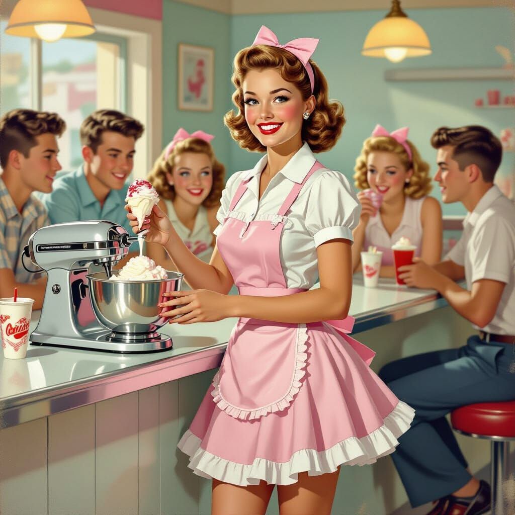 Vintage Soda Jerk Serving Ice Cream in 1950s Diner