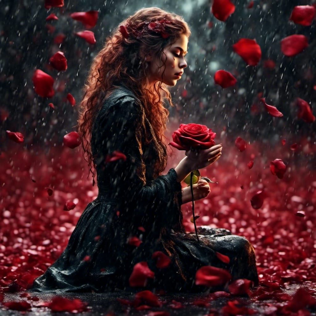 Gothic Woman in Rain of Roses