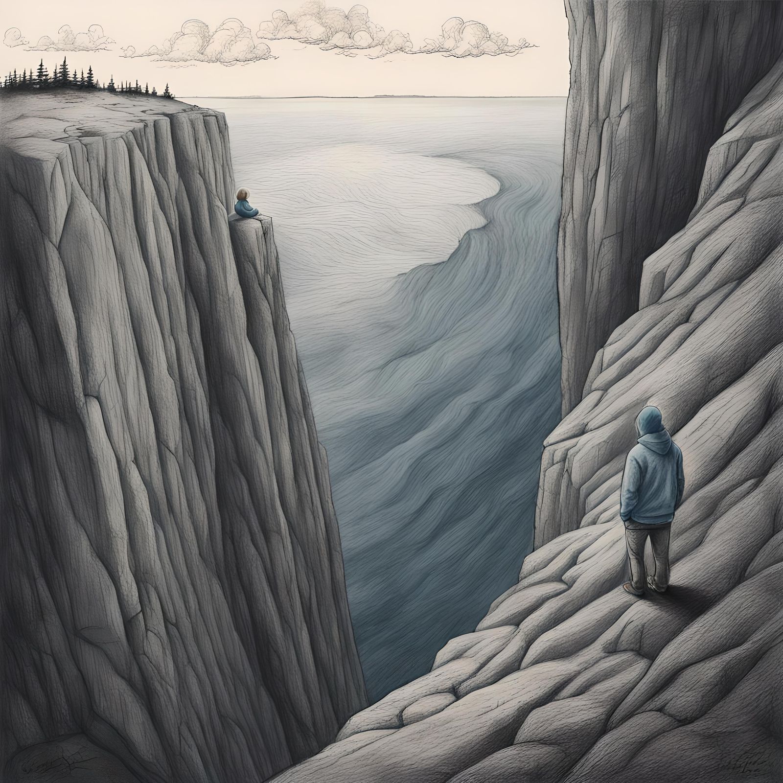 Charcoal Drawing: Man Contemplates Abyss