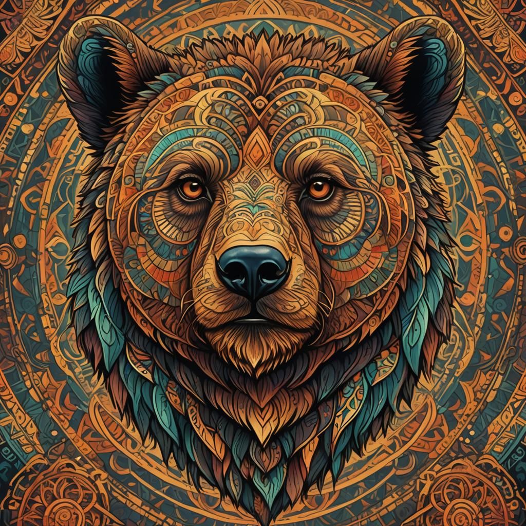 Psychedelic Bear Head Mandala in Folk Art Style