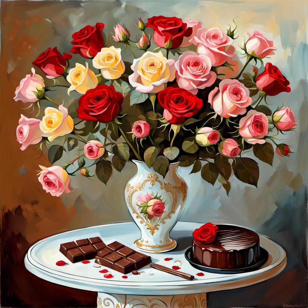 Roses and chocolate cake