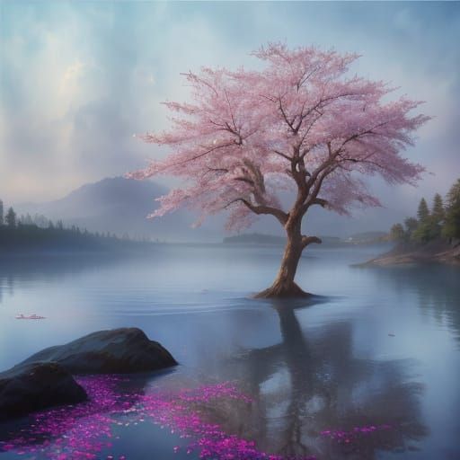 Sakura Tree Oil Painting with Temple Silhouettes