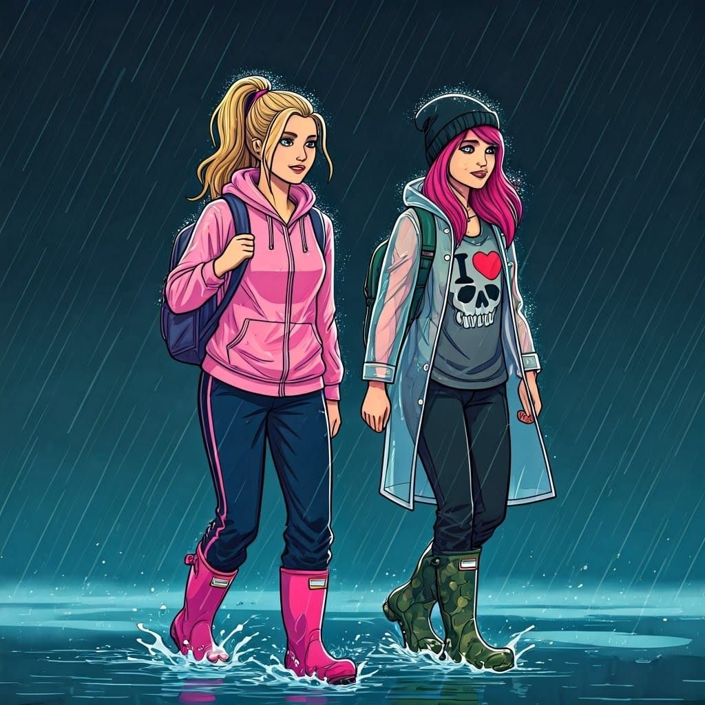 Sisters Stroll Through Stormy Afternoon in Vibrant Colors