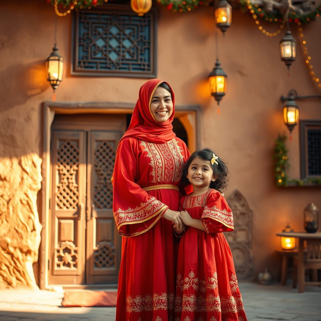 Arab Mother and Daughter in Traditional Dresses