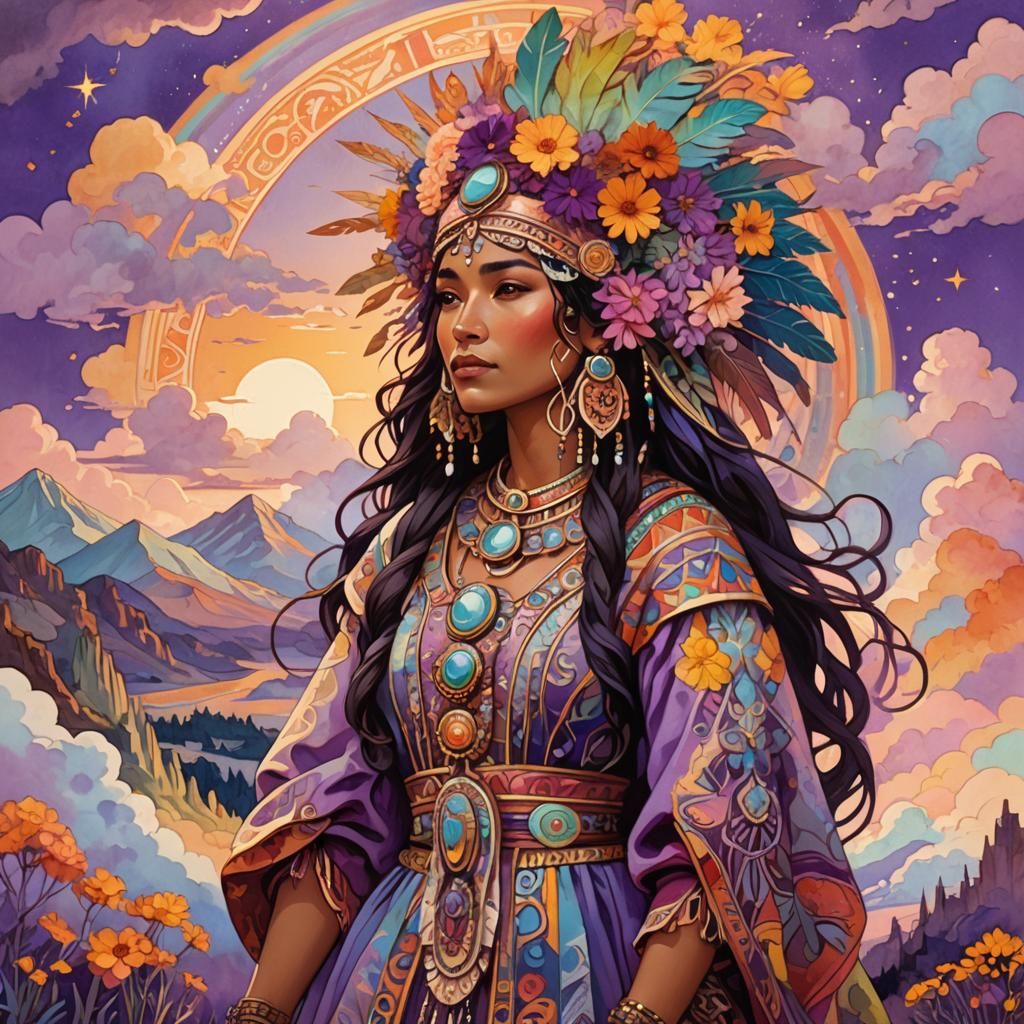 Fantasy Woman in Gouache Landscape, Mucha-Inspired