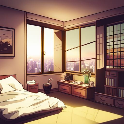 Lofi Bedroom Night Scene with Anime Cityscape