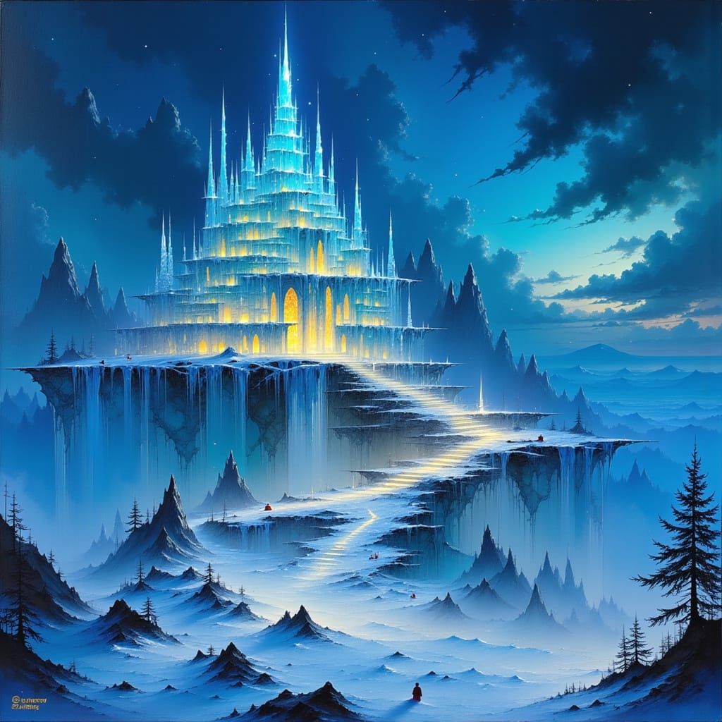 <lora:Akimora:1.0> A wide angle birds-eye view of a lighted ice palace nestled at the top of snowy mountains.