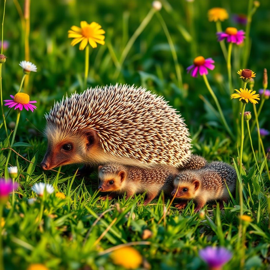 Hedgehogs in a Lush Meadow