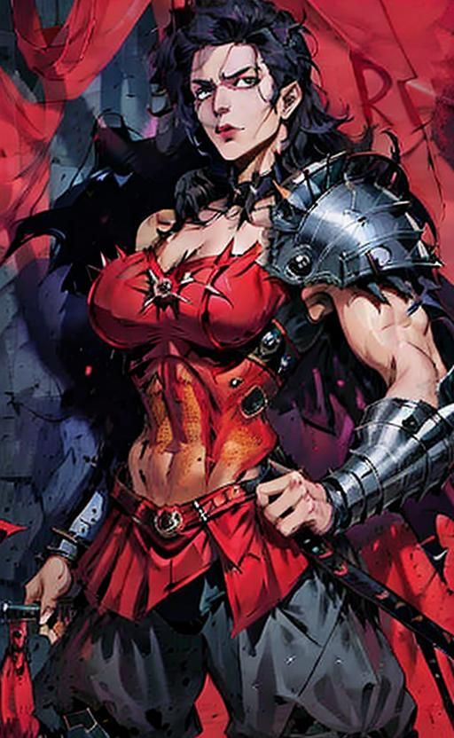 Young <lora:Jasmine Maimone:1.0> as a Anime Style Character: muscle Vampire Hunter with Metal Armor Outfit with spikes o...