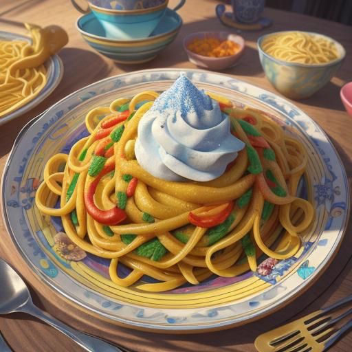 Whimsical Pasta in a 3D Rendered Kitchen