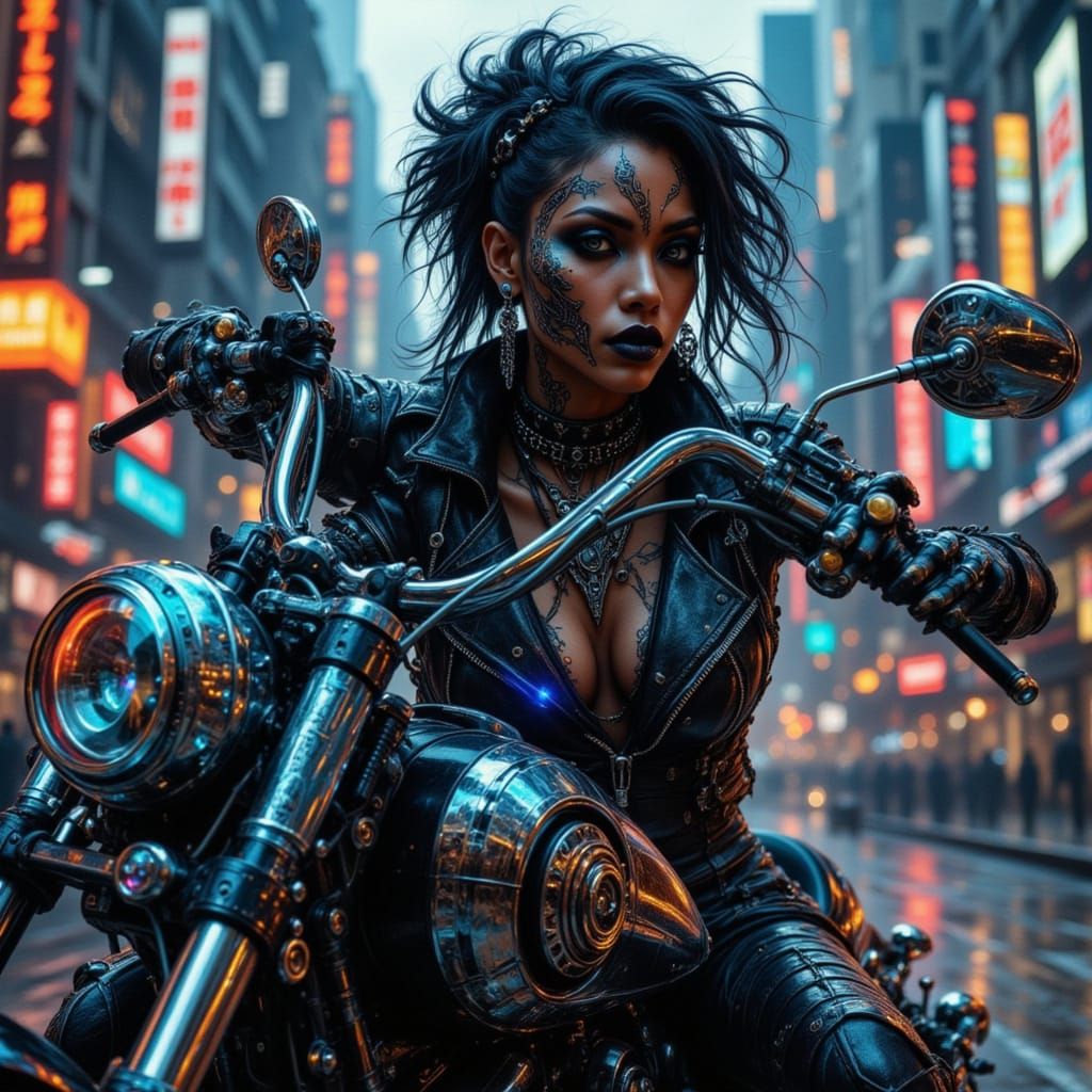 Afrocentric Biker Woman with Cybernetic Tattoos