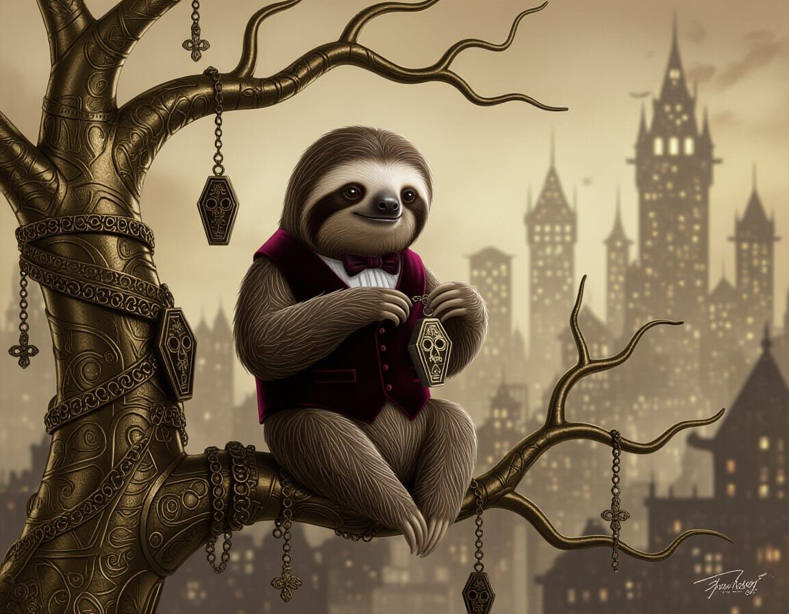 Gothic Sloth Crafts Coffin Necklace on Metallic Tree