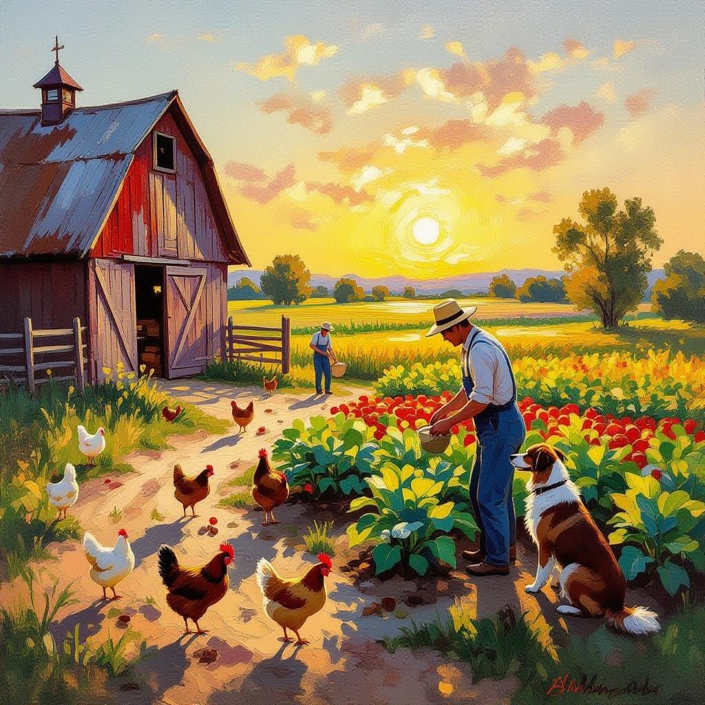 Vibrant Farm Life Oil Painting in Impressionist Style