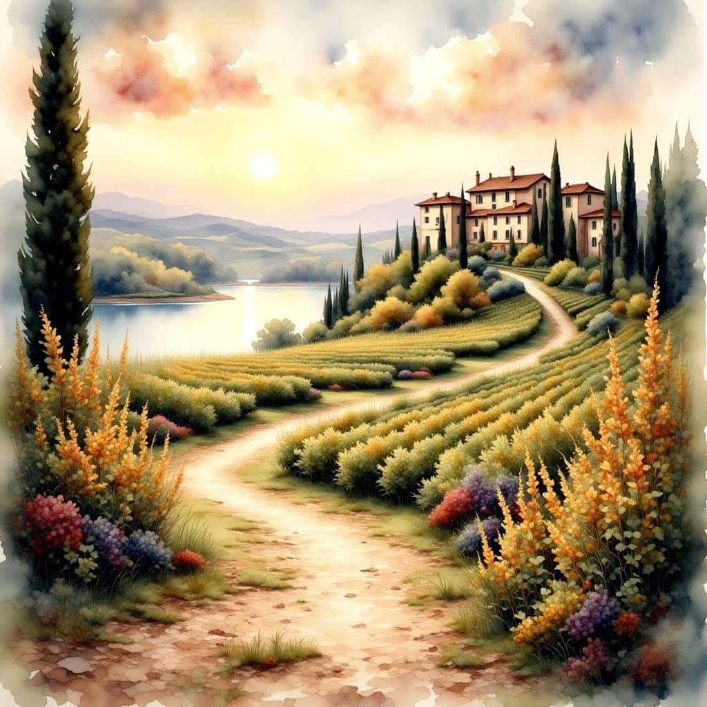 Tranquil Tuscan Lake Scene in Soft Watercolor Style