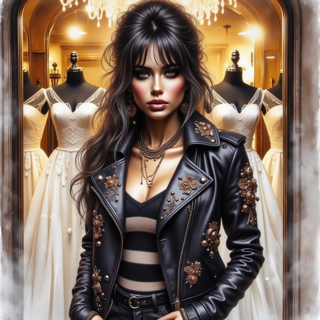 Sultry Biker Chick Poses Confidently in Front of Luxurious W...